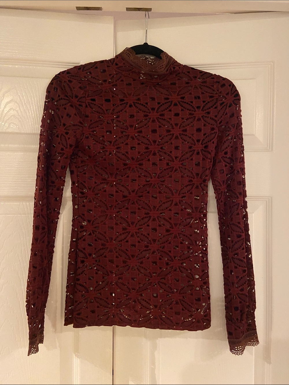 Women's Long Sleeve Lace Mock Neck Top - Deep Burgundy
